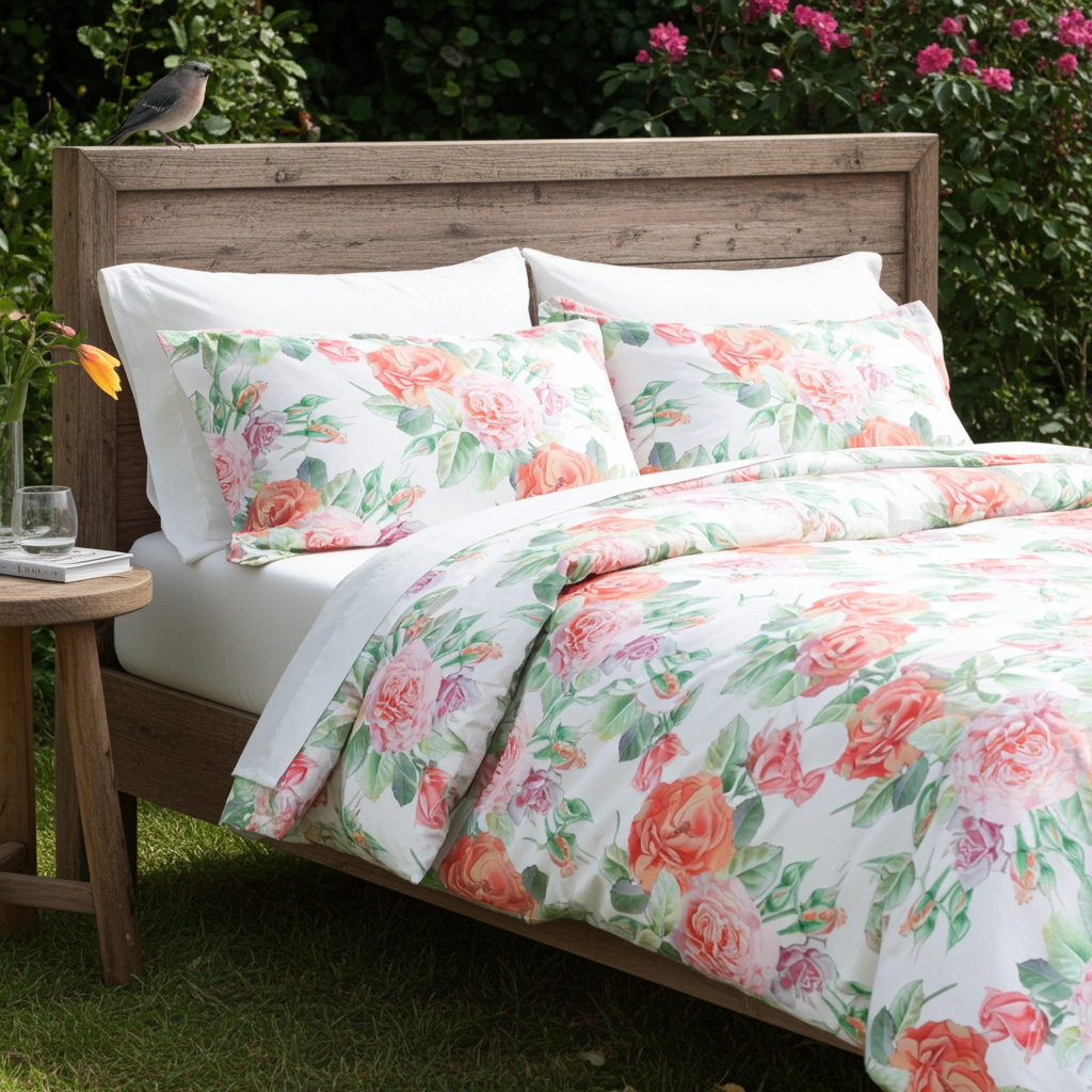 Bettwäsche Set English Rose 100% mercerisierte Baumwolle Satin 300 TC bügelleicht