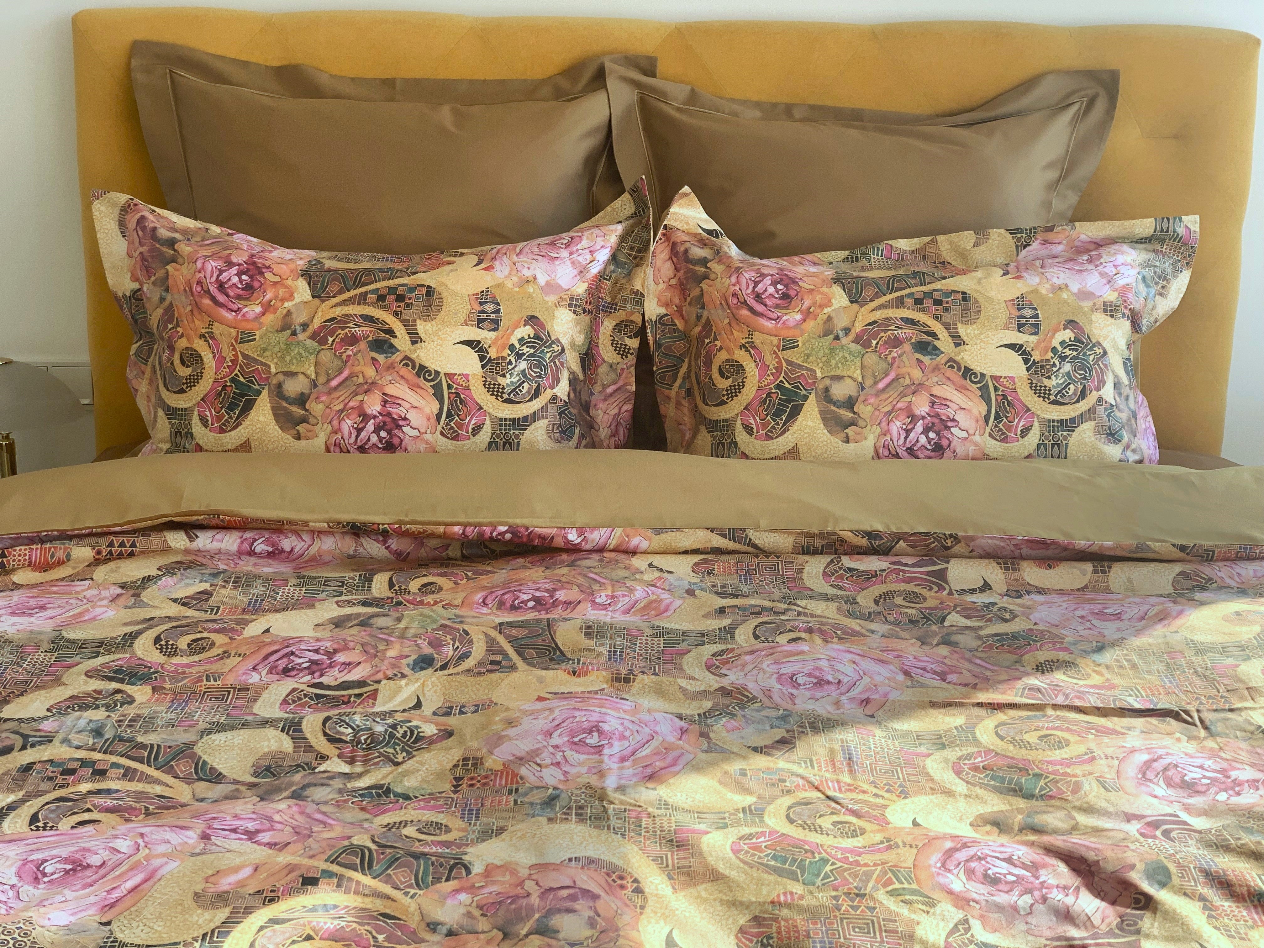 Bettwäsche Set Rosengarten 100% mercerisierte Baumwolle Satin 300 TC bügelleicht