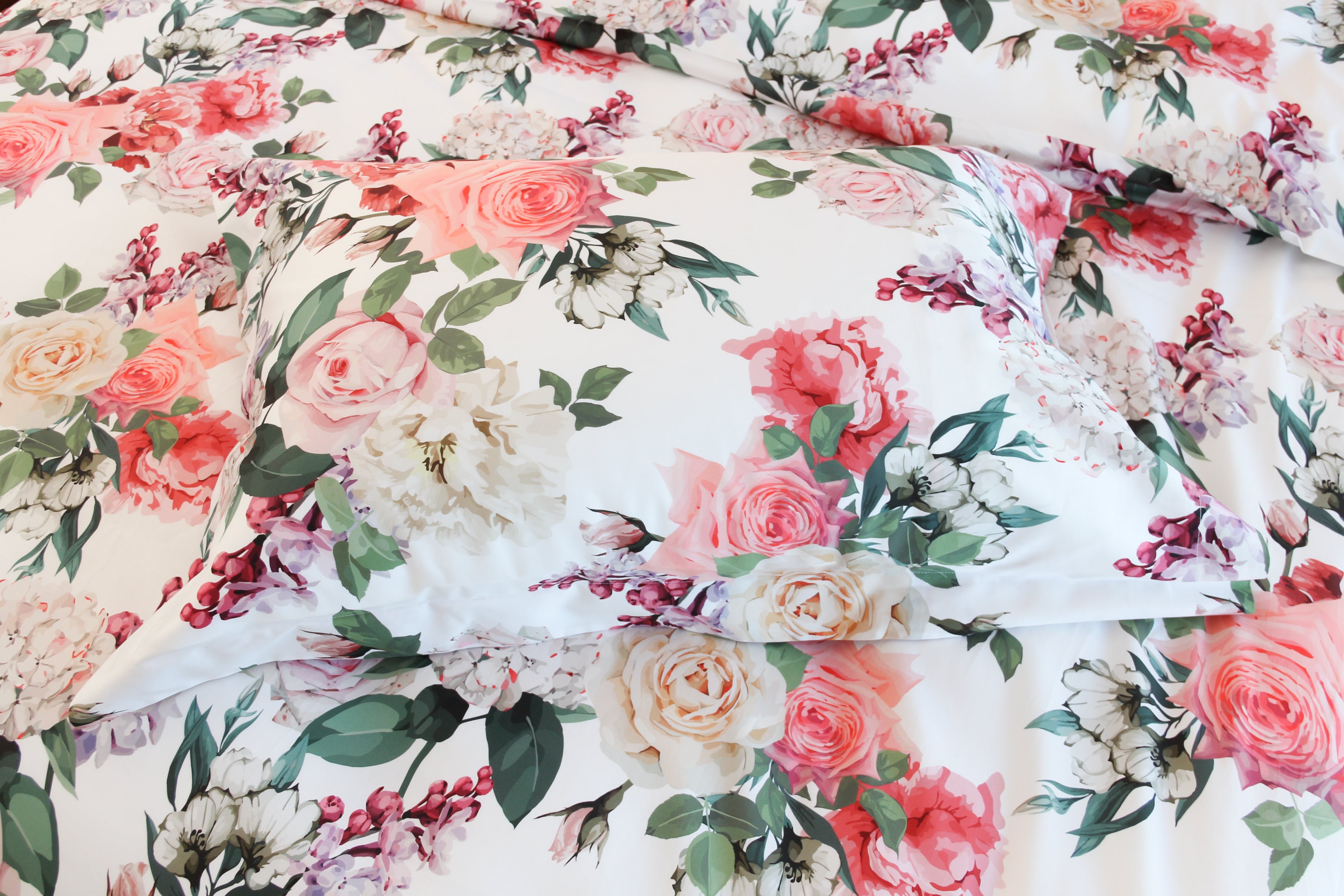NEW! Bed linen set Lilac & Rose 100% mercerized cotton satin 300 TC easy iron