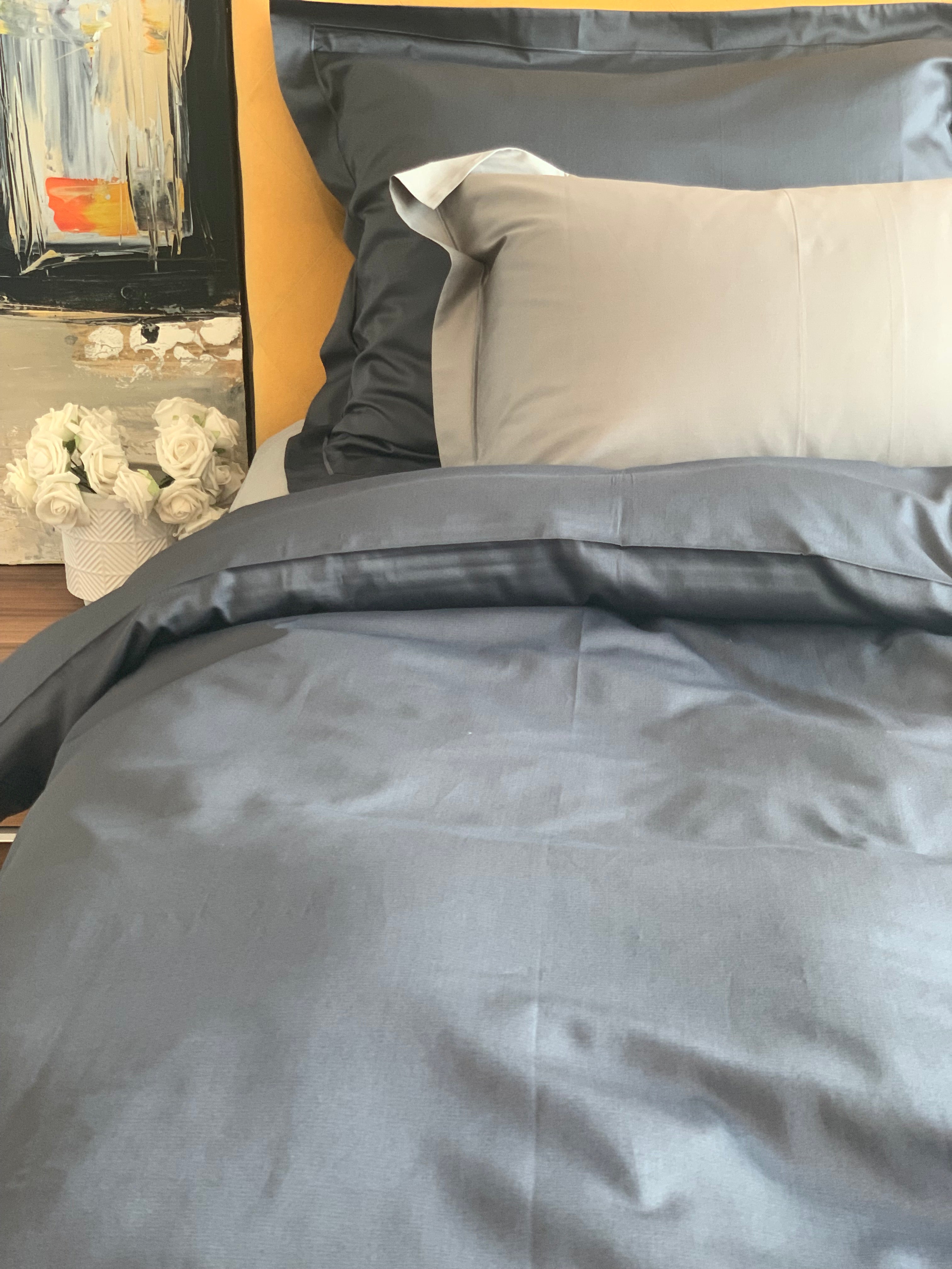 Bed linen set plain anthracite with decorative stitching 100% mercerized cotton satin 300 TC easy iron