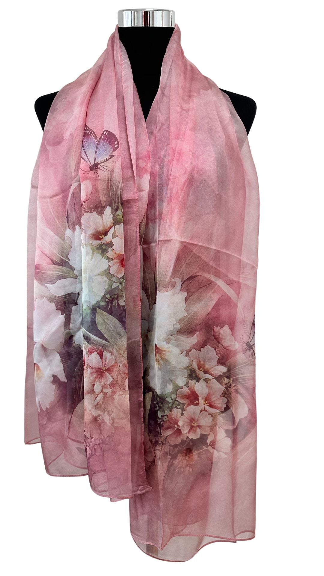 Silk scarf with floral print in pink made from 100% mulberry silk