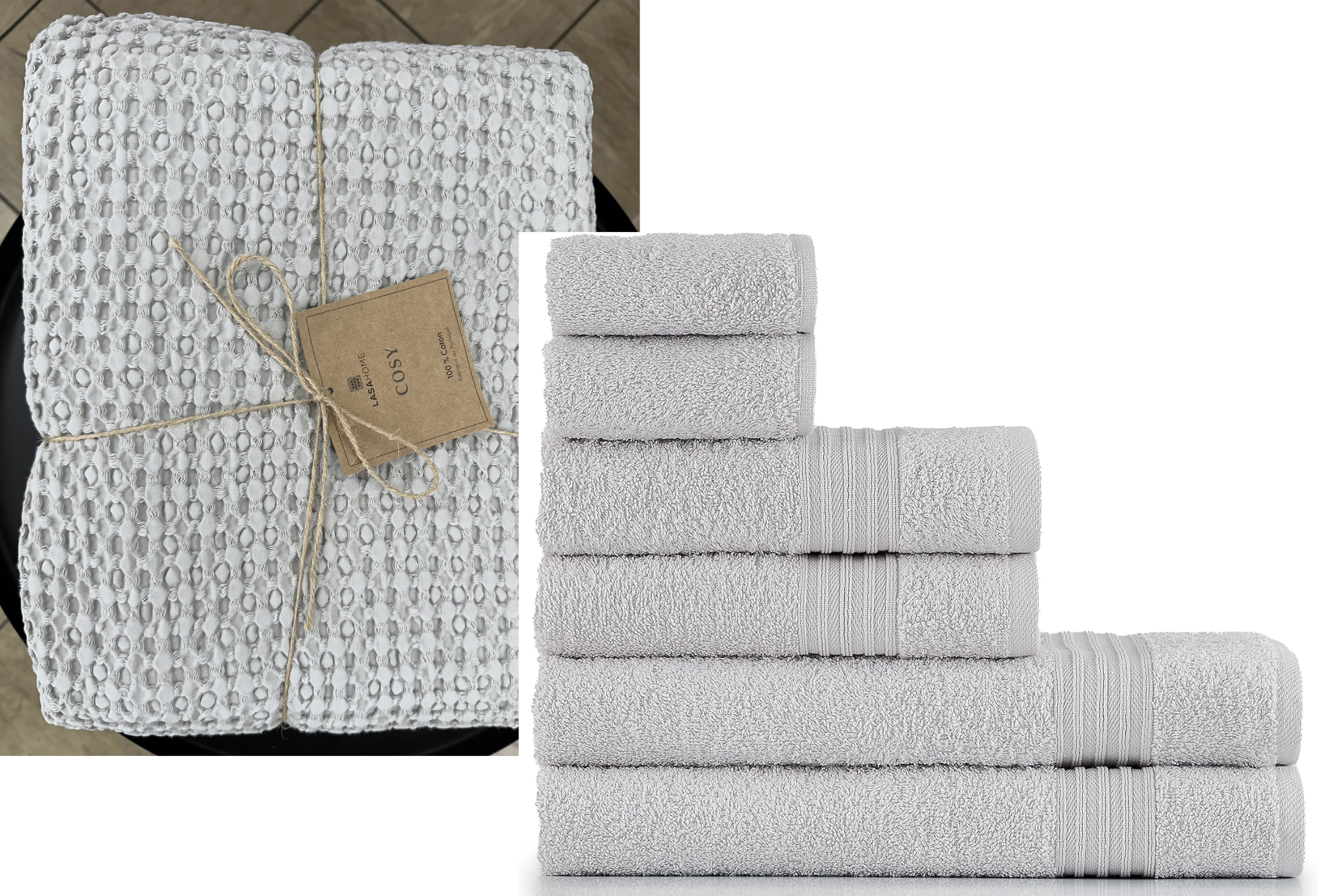 Bundle of Terry Cloth Light Grey 100% Cotton plus Waffle Blanket Cozy