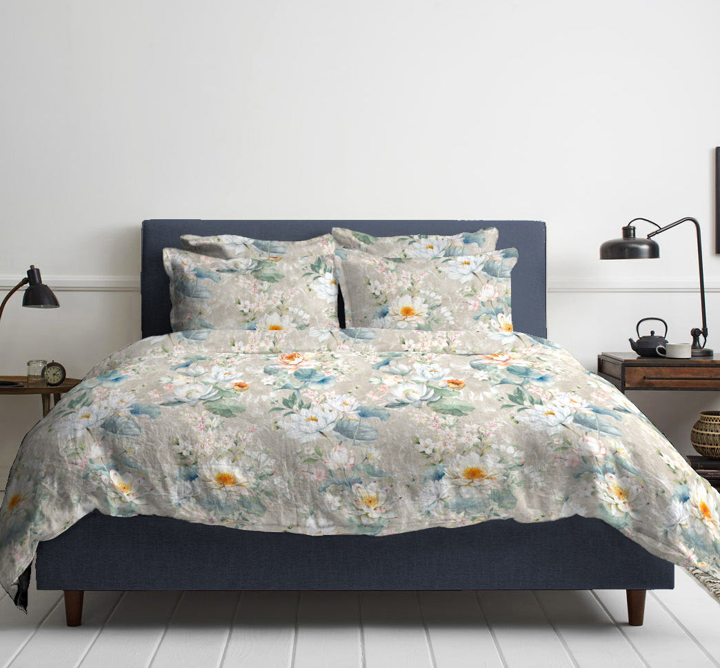 Bettwäsche Set Wasserlilien 100% mercerisierte Baumwolle Satin 300 TC bügelleicht