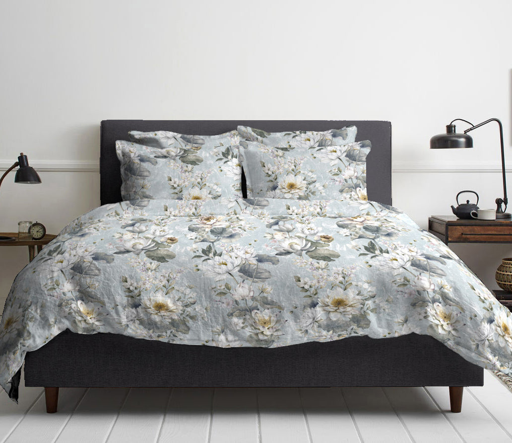 Bettwäsche Set Wasserlilien 100% mercerisierte Baumwolle Satin 300 TC bügelleicht