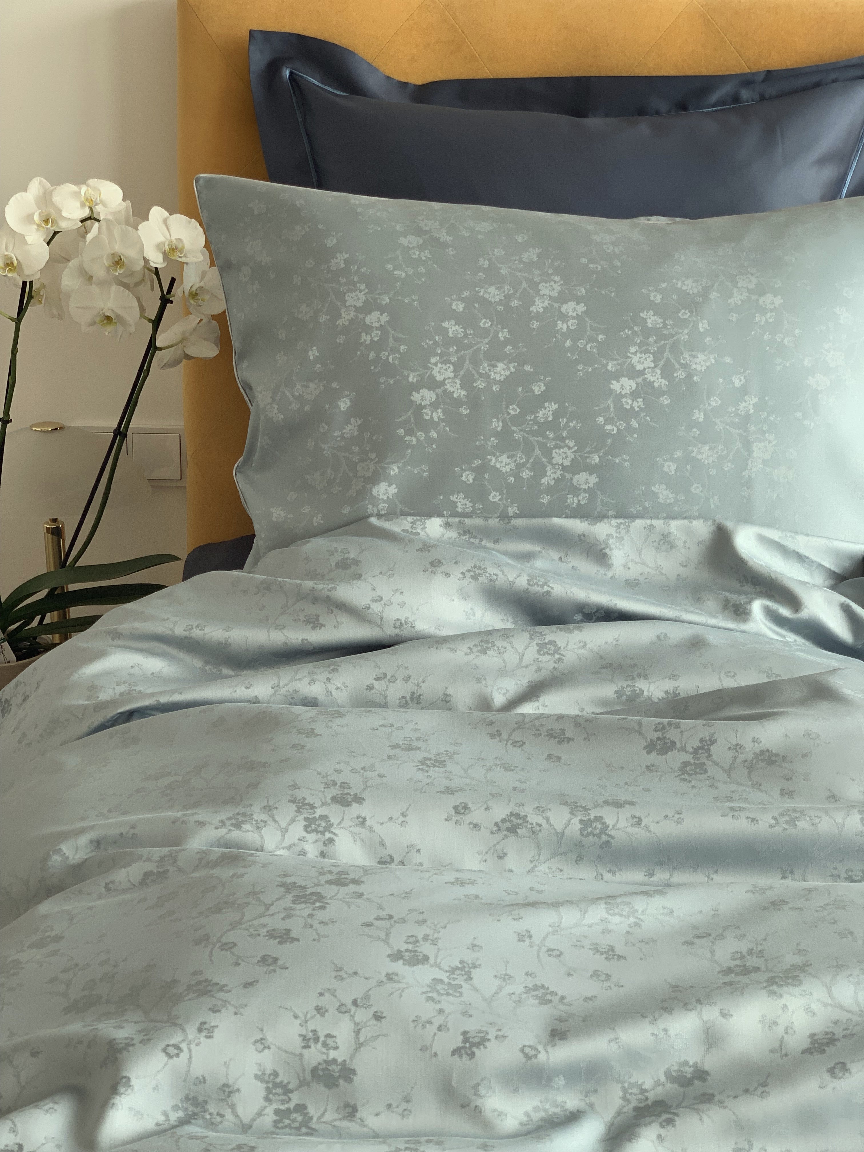 Damast go-green Bettwäsche Set Geisha Blue 50% Baumwolle 50% Lyocell bügelleicht