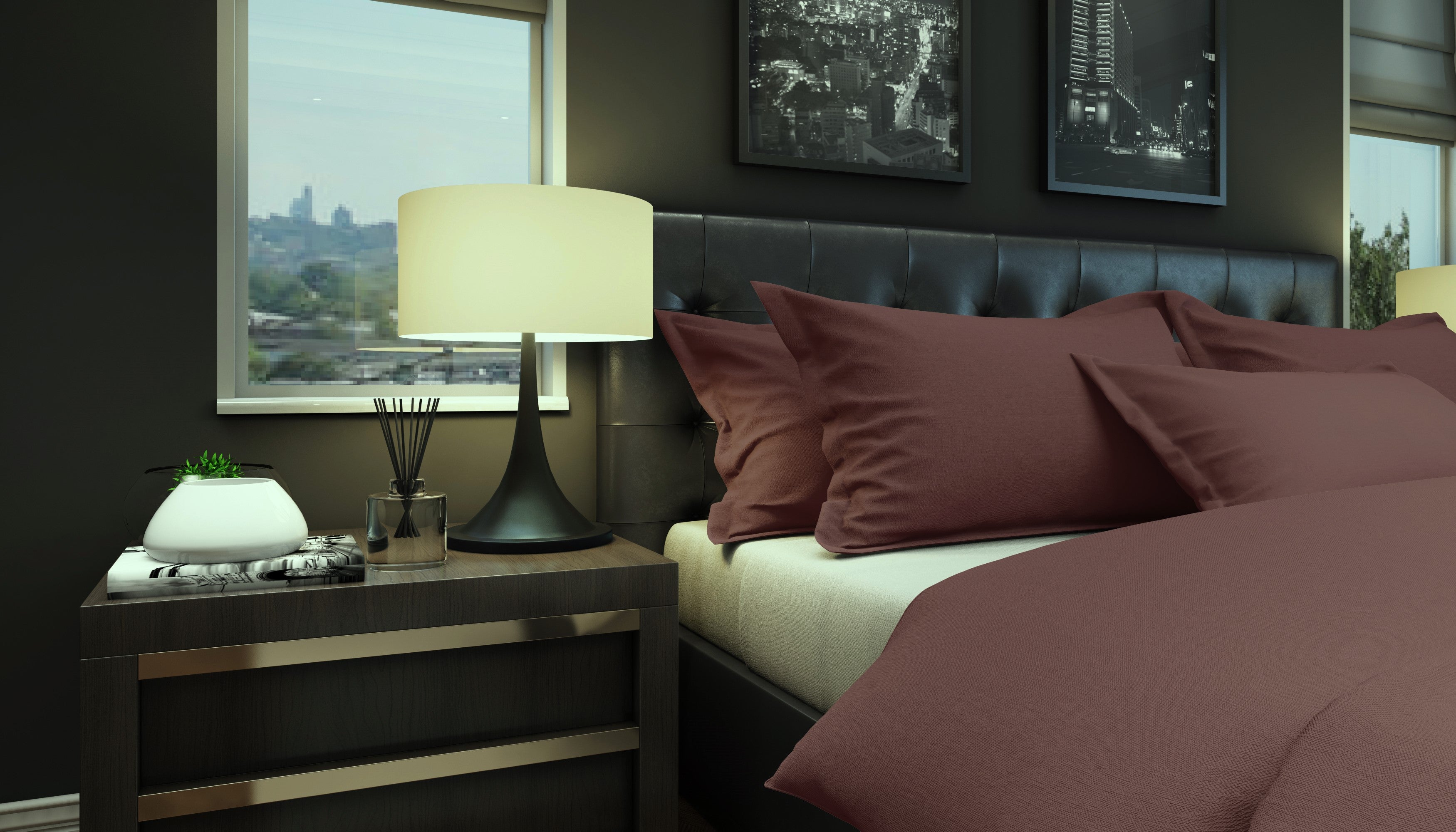 Bed linen set Uni Rooibos with decorative stitching 100% mercerized cotton satin 300 TC easy iron