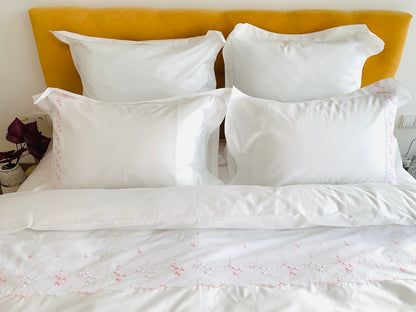 Bettwäsche Set Blumenranke Rosa 100% mercerisierte Baumwolle Satin 300 TC bügelleicht
