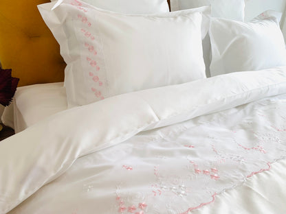 Bettwäsche Set Blumenranke Rosa 100% mercerisierte Baumwolle Satin 300 TC bügelleicht