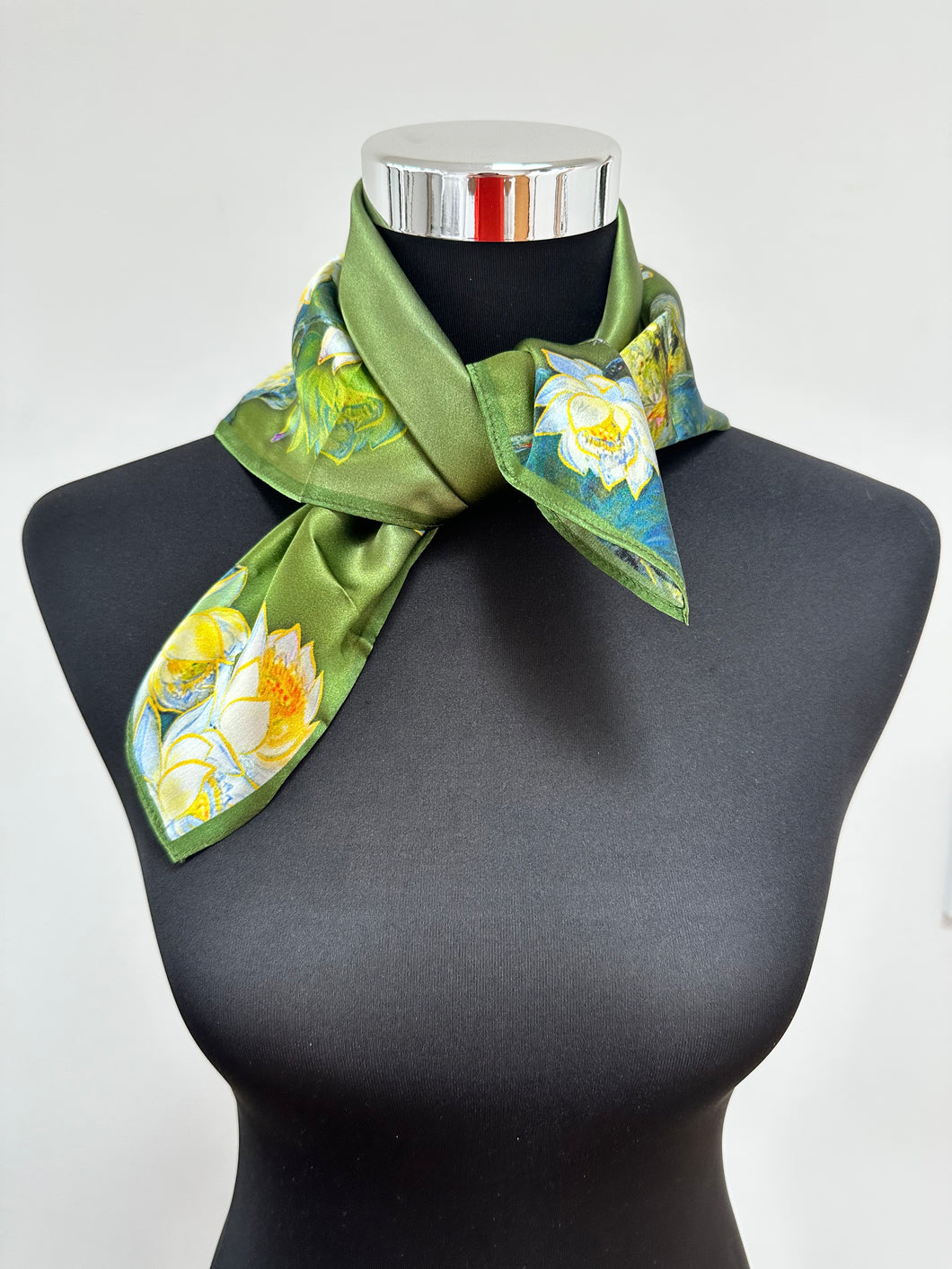 Silk scarf with lotus flowers green made of 100% mulberry silk