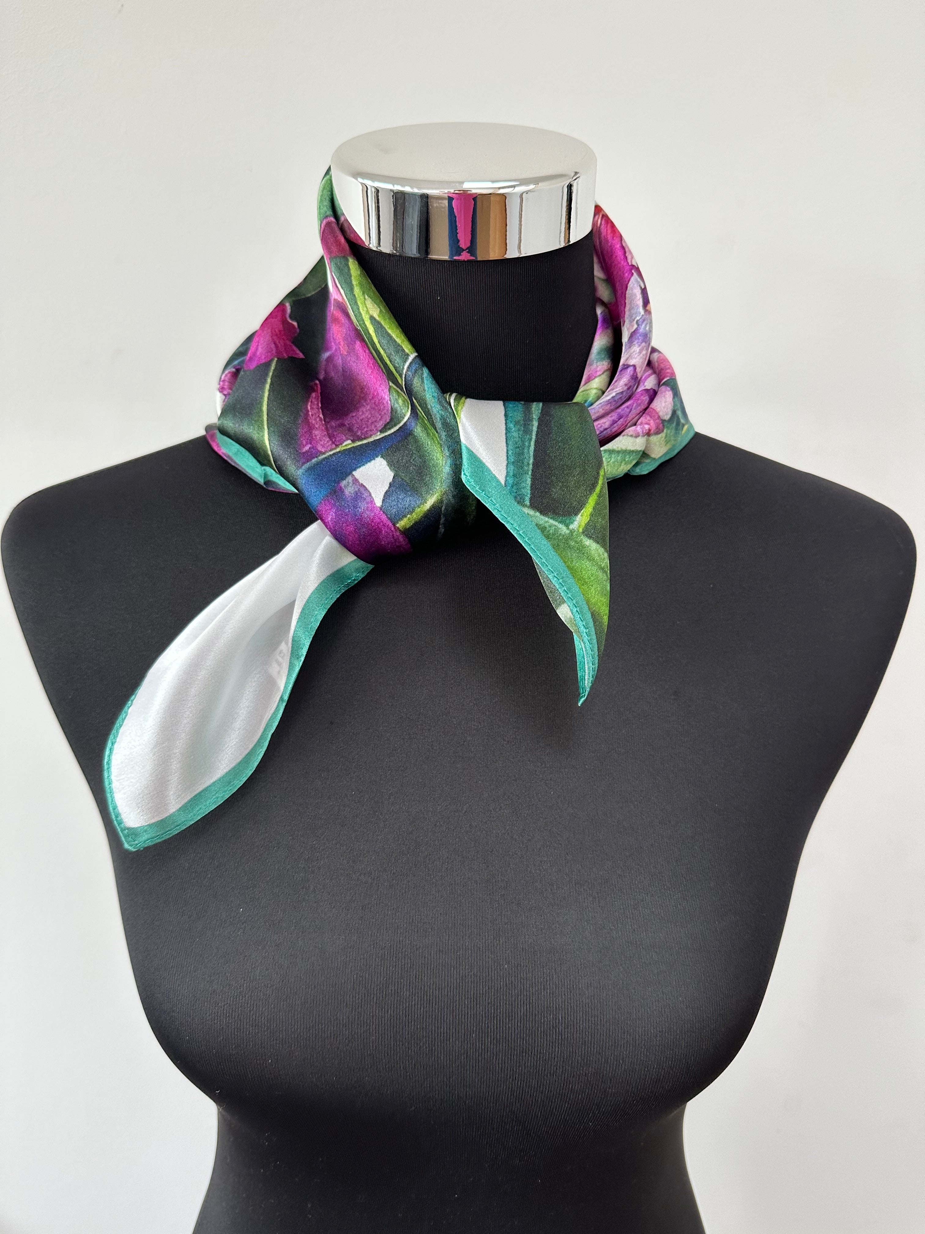 Silk scarf with purple flowers made from 100% mulberry silk