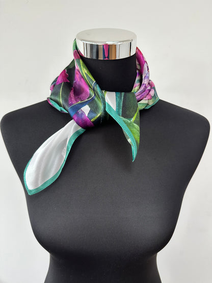 Silk scarf with purple flowers made from 100% mulberry silk