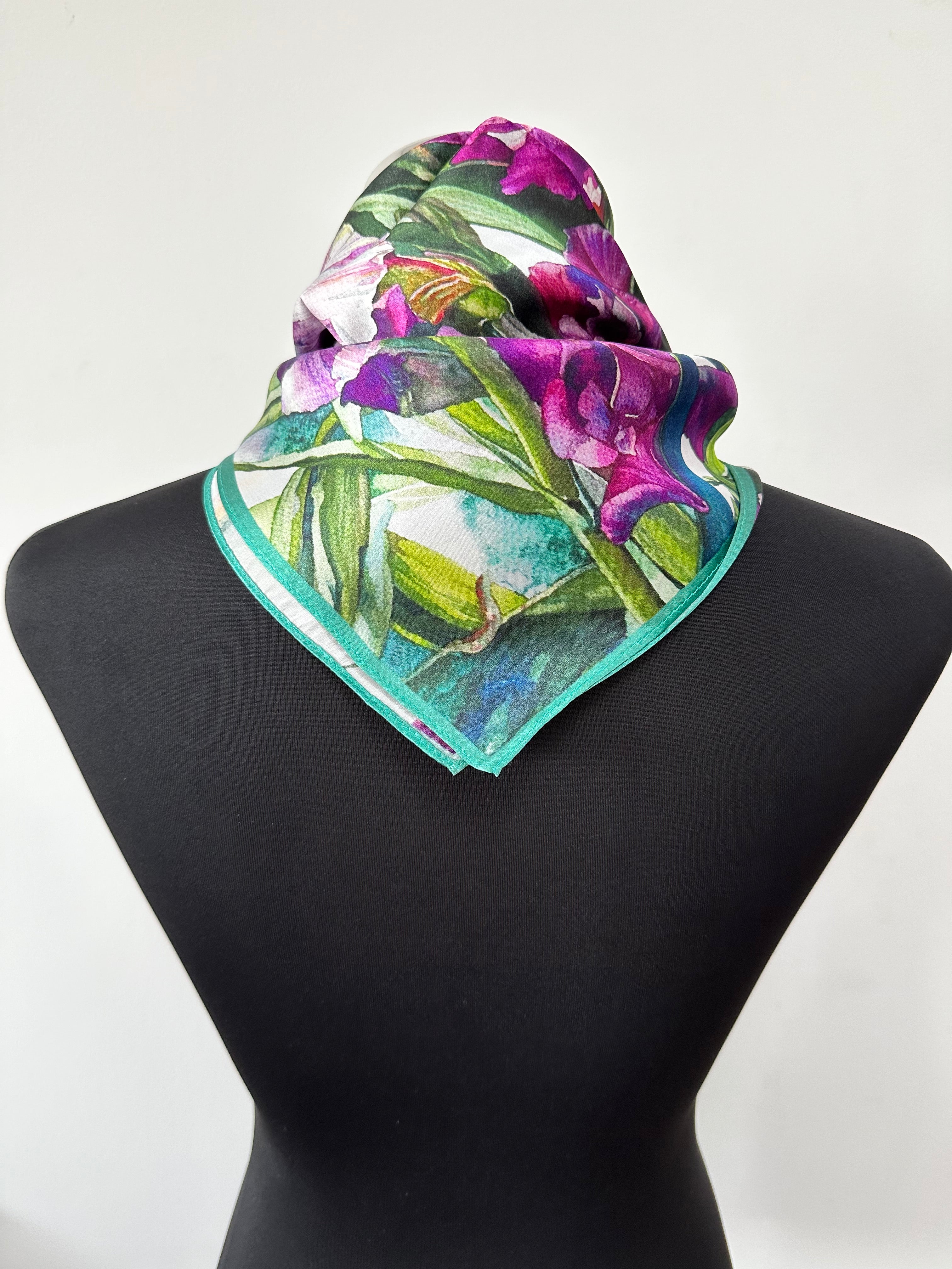 Silk scarf with purple flowers made from 100% mulberry silk