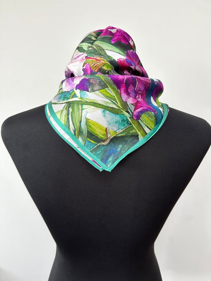 Silk scarf with purple flowers made from 100% mulberry silk