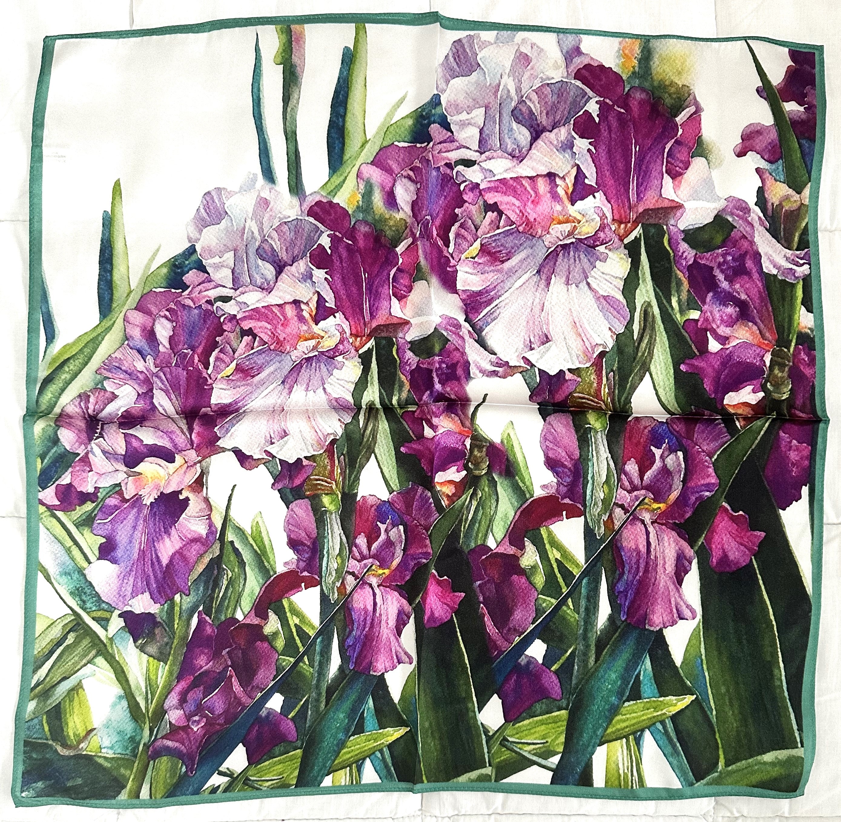 Silk scarf with purple flowers made from 100% mulberry silk