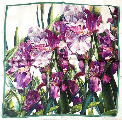Silk scarf with purple flowers made from 100% mulberry silk