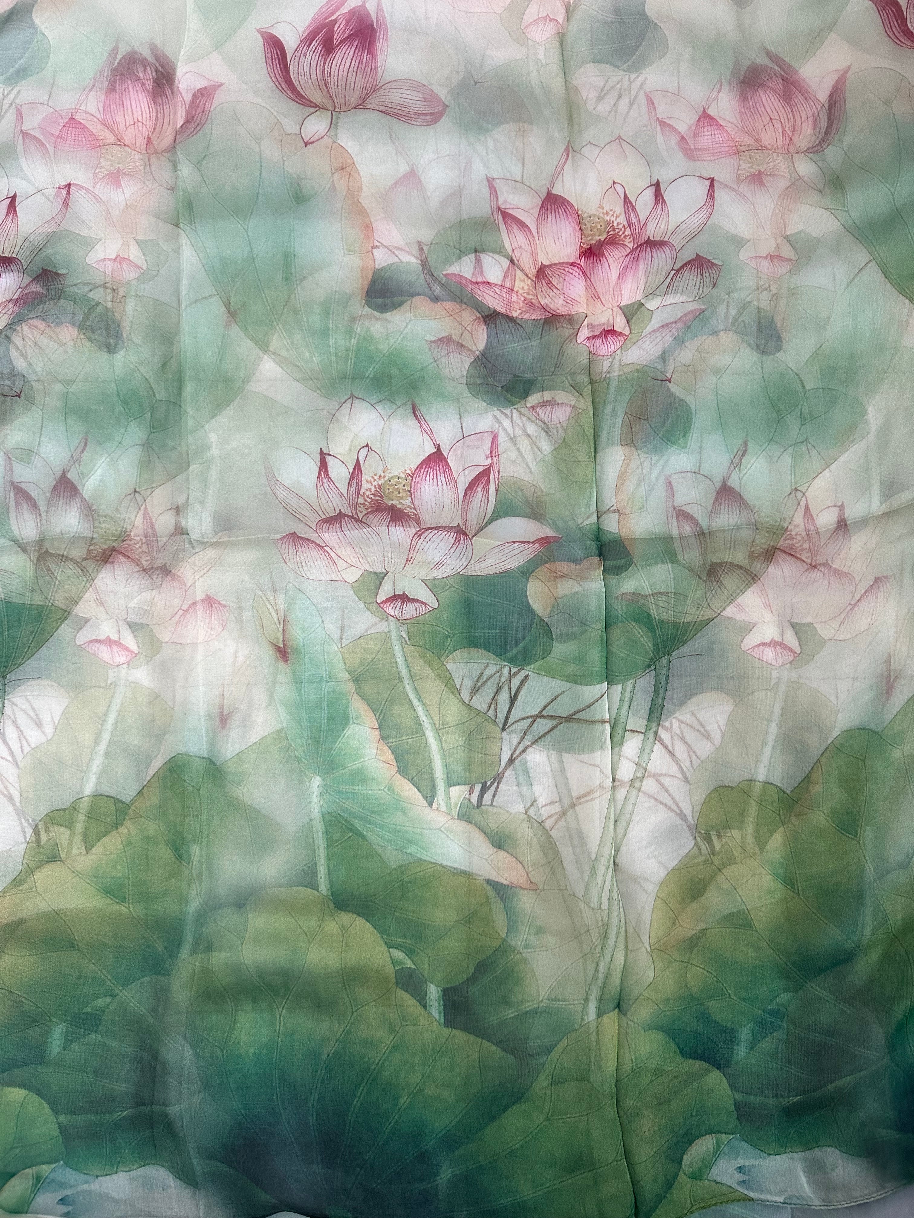 Silk scarf with lotus flowers in green made of 100% mulberry silk