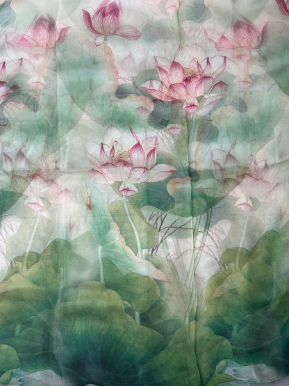 Silk scarf with lotus flowers in green made of 100% mulberry silk