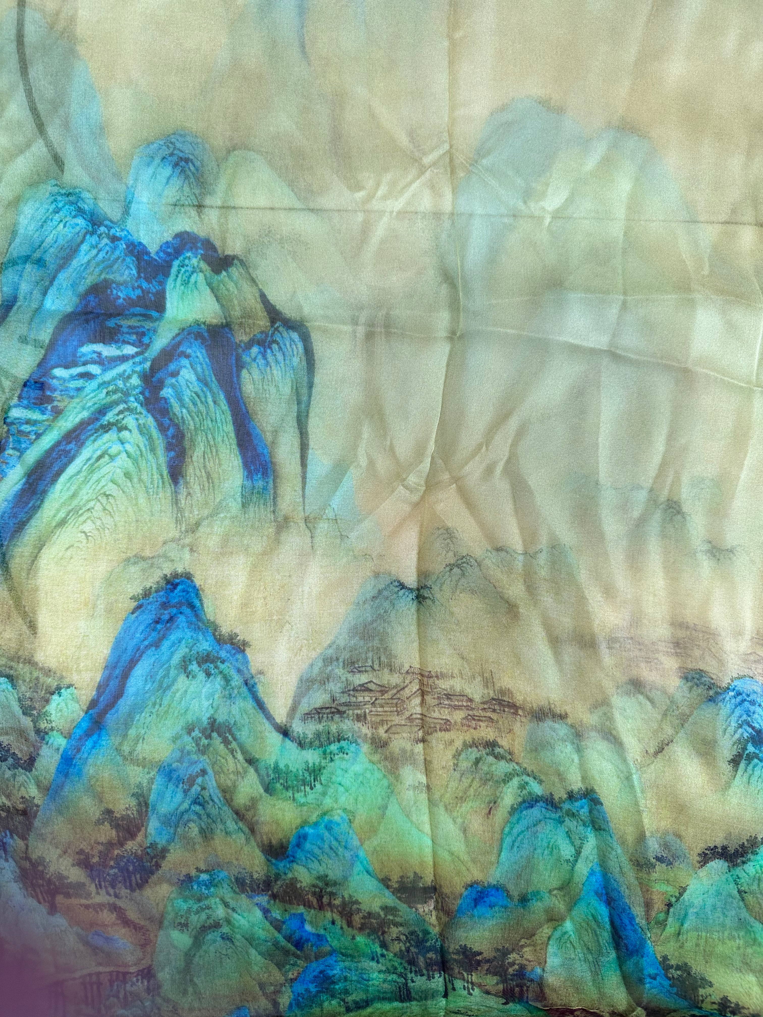 Silk scarf with landscape green yellow made of 100% mulberry silk