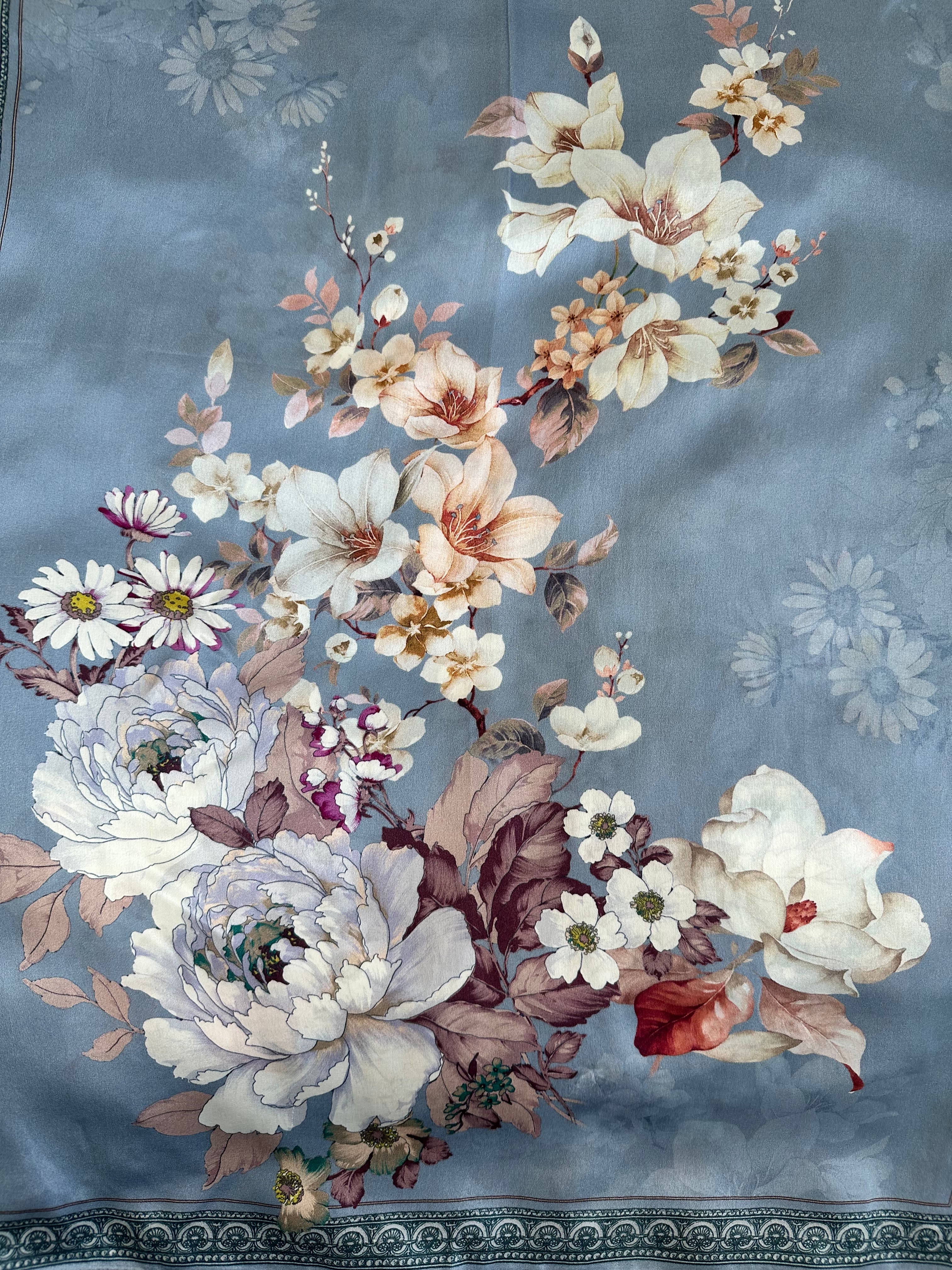 Silk scarf with flowers blue white made of 100% mulberry silk