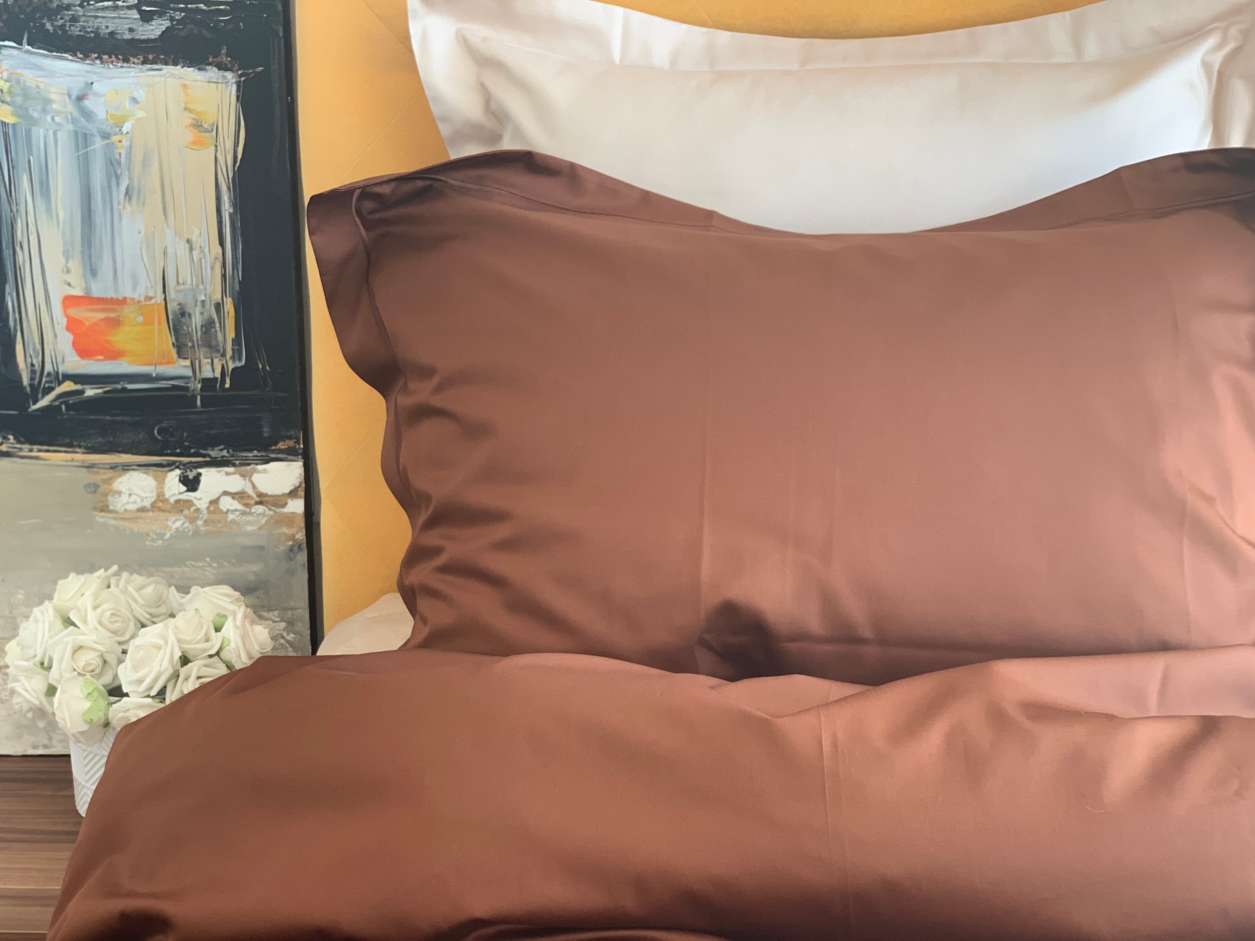 Bed linen set Uni Rooibos with decorative stitching 100% mercerized cotton satin 300 TC easy iron