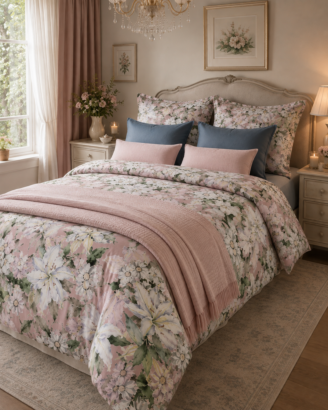 NEU! Bettwäsche Set Fleur Lilia Blush 100% mercerisierte Baumwolle Satin 300 TC bügelleicht