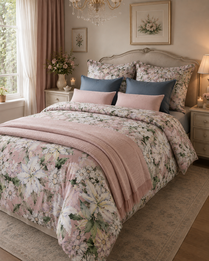 NEU! Bettwäsche Set Fleur Lilia Blush 100% mercerisierte Baumwolle Satin 300 TC bügelleicht