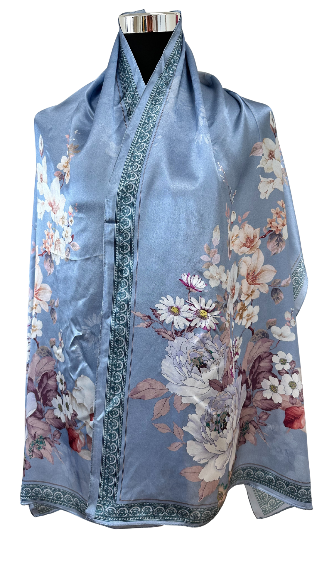 Silk scarf with flowers blue white made of 100% mulberry silk