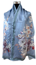 Load image into Gallery viewer, Silk scarf with flowers blue white made of 100% mulberry silk
