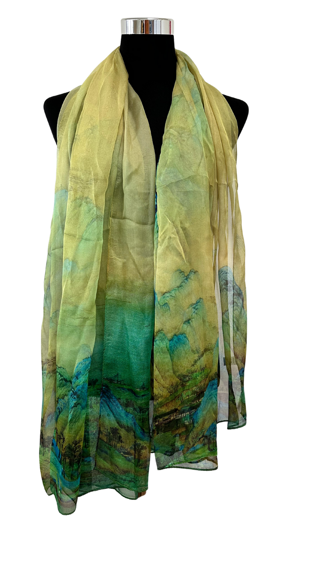 Silk scarf with landscape green yellow made of 100% mulberry silk