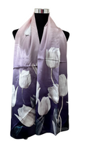 Load image into Gallery viewer, Silk scarf with tulips in purple made from 100% mulberry silk
