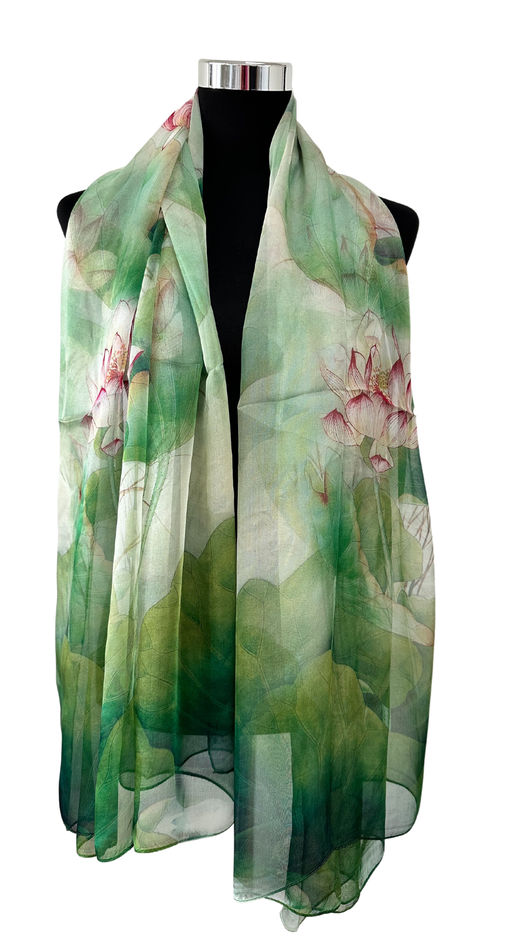 Silk scarf with lotus flowers in green made of 100% mulberry silk