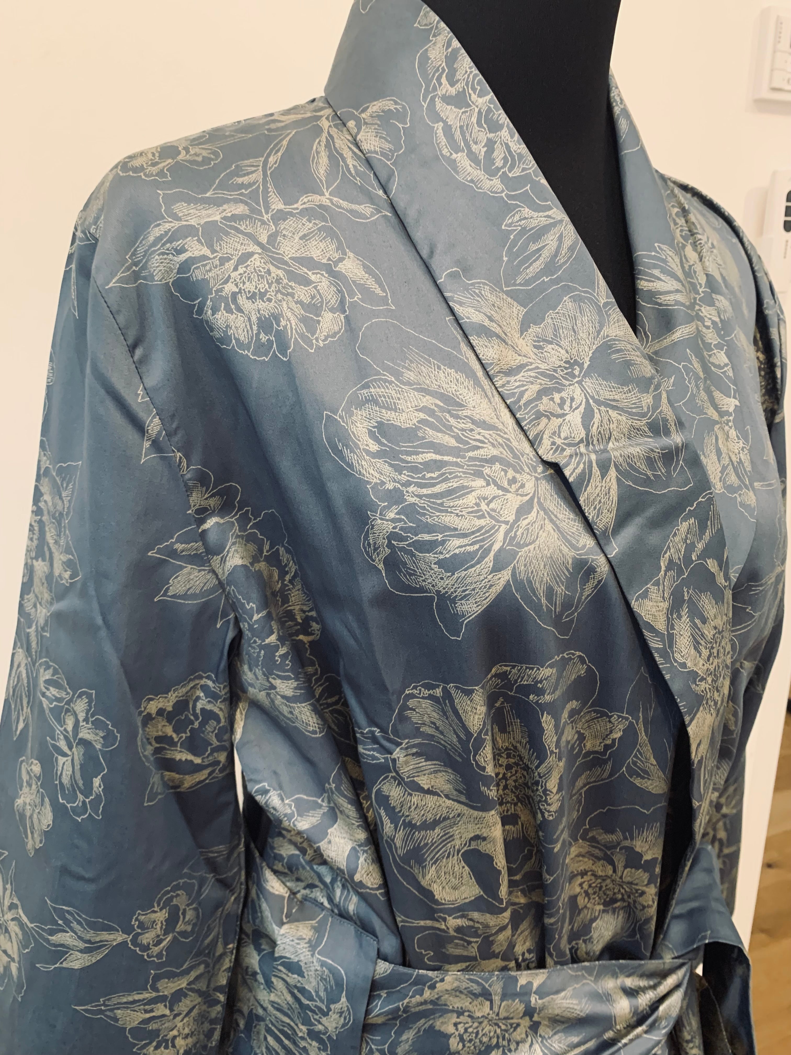 Satin Kimono Silver blue Peony 100% Mercerized Cotton Satin 300 TC