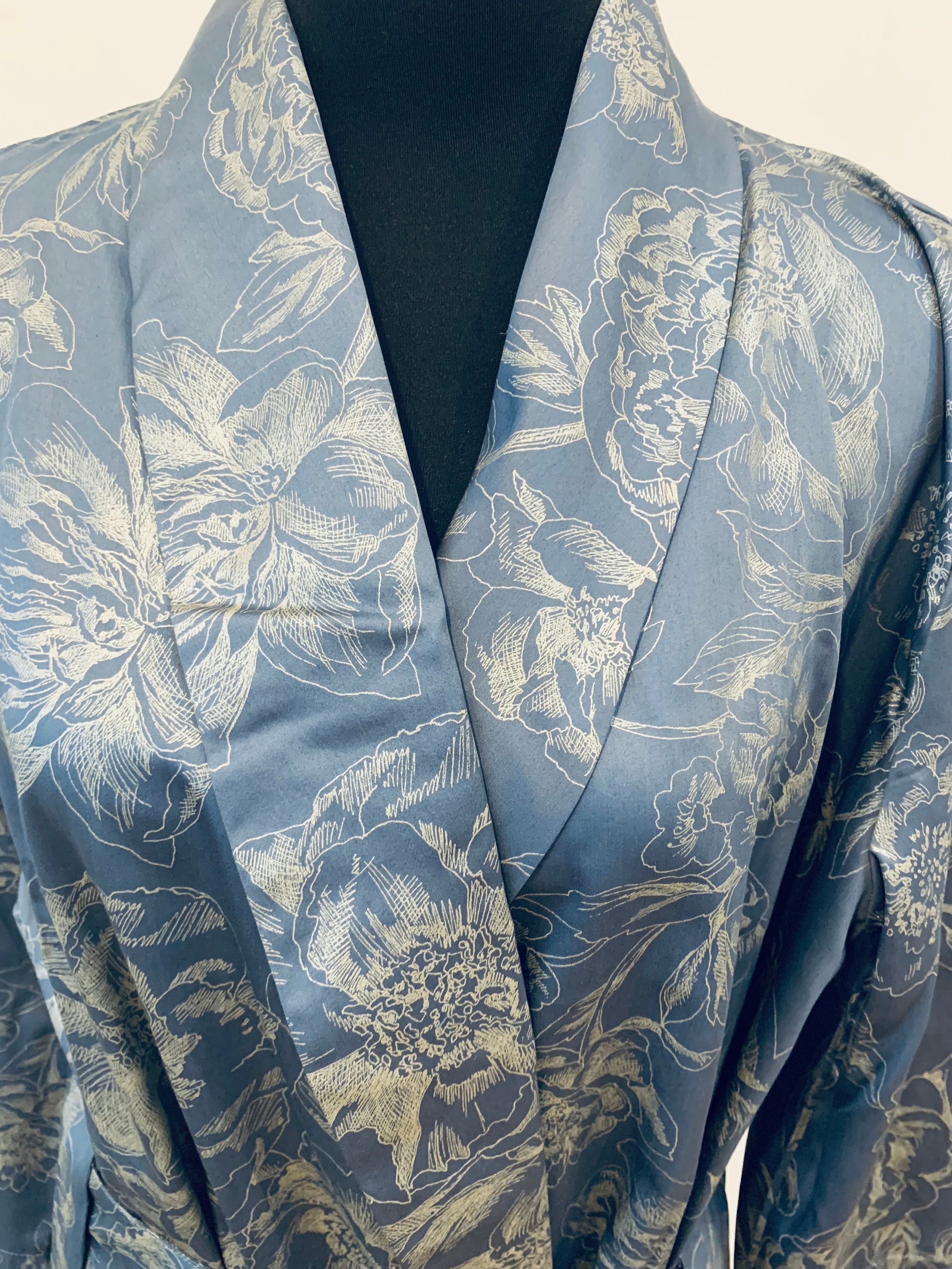 Satin Kimono Silver blue Peony 100% Mercerized Cotton Satin 300 TC