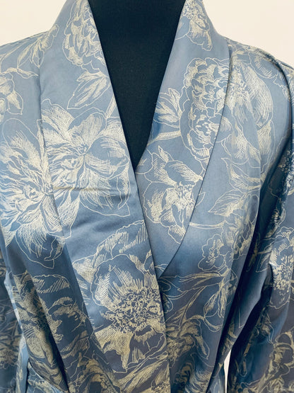 Satin Kimono Silver blue Peony 100% Mercerized Cotton Satin 300 TC