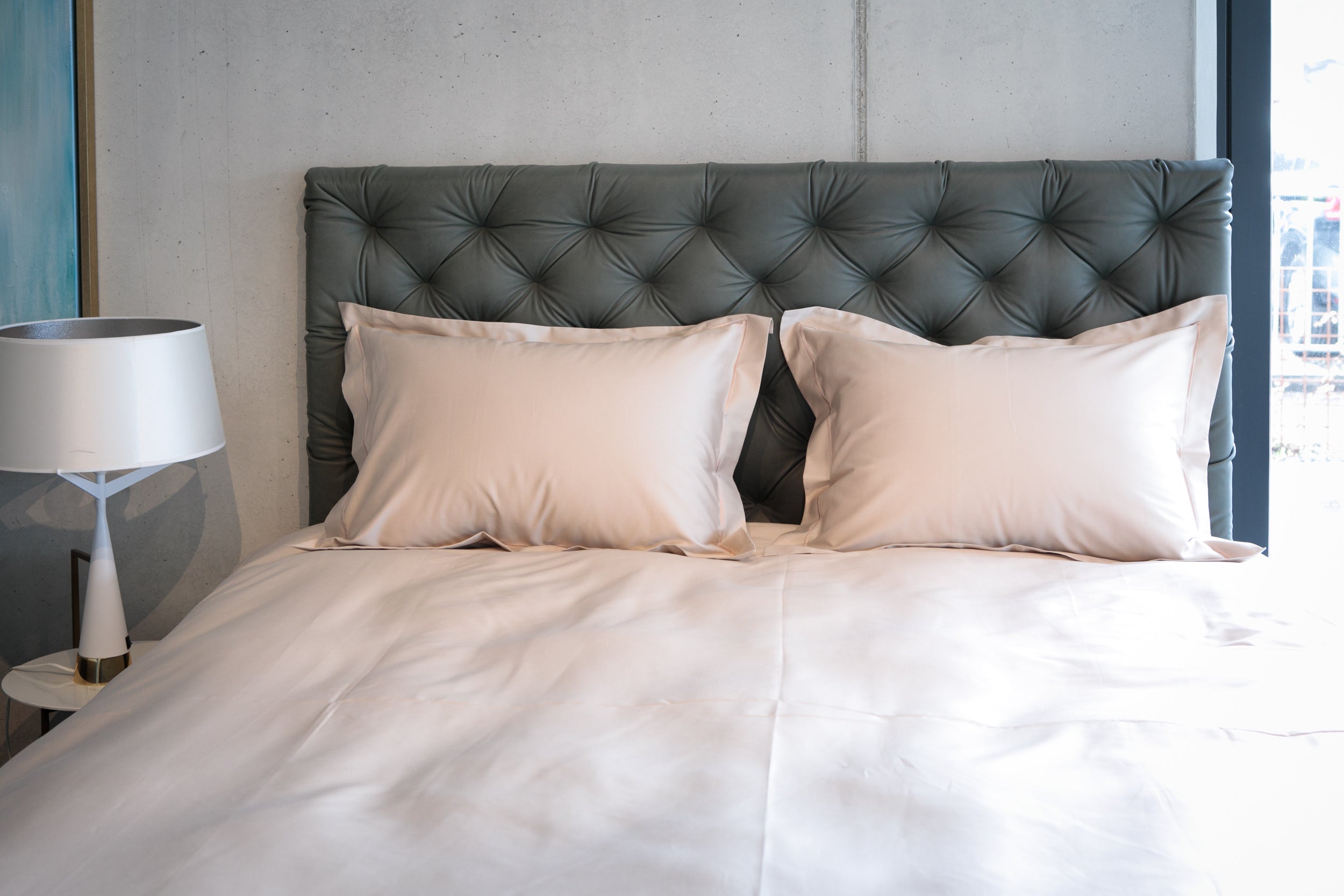 Bed linen set plain beige with decorative stitching 100% mercerized cotton satin 300 TC easy-iron
