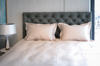Bed linen set plain beige with decorative stitching 100% mercerized cotton satin 300 TC easy-iron