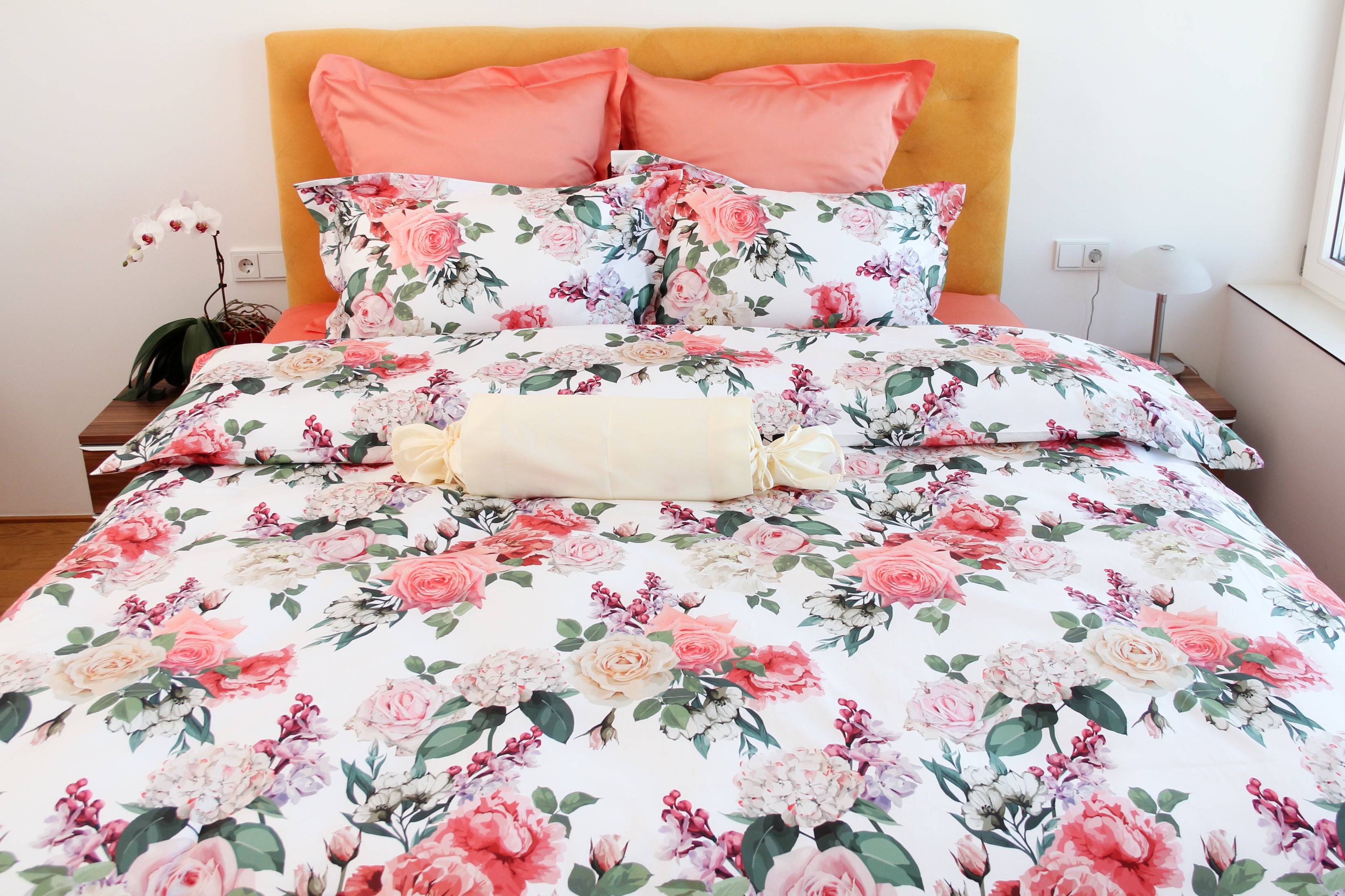 NEW! Bed linen set Lilac & Rose 100% mercerized cotton satin 300 TC easy iron