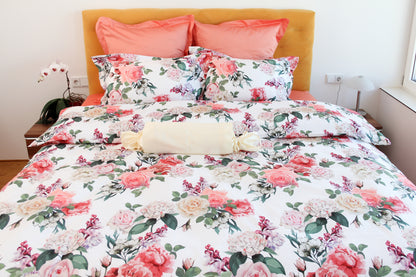 NEW! Bed linen set Lilac & Rose 100% mercerized cotton satin 300 TC easy iron