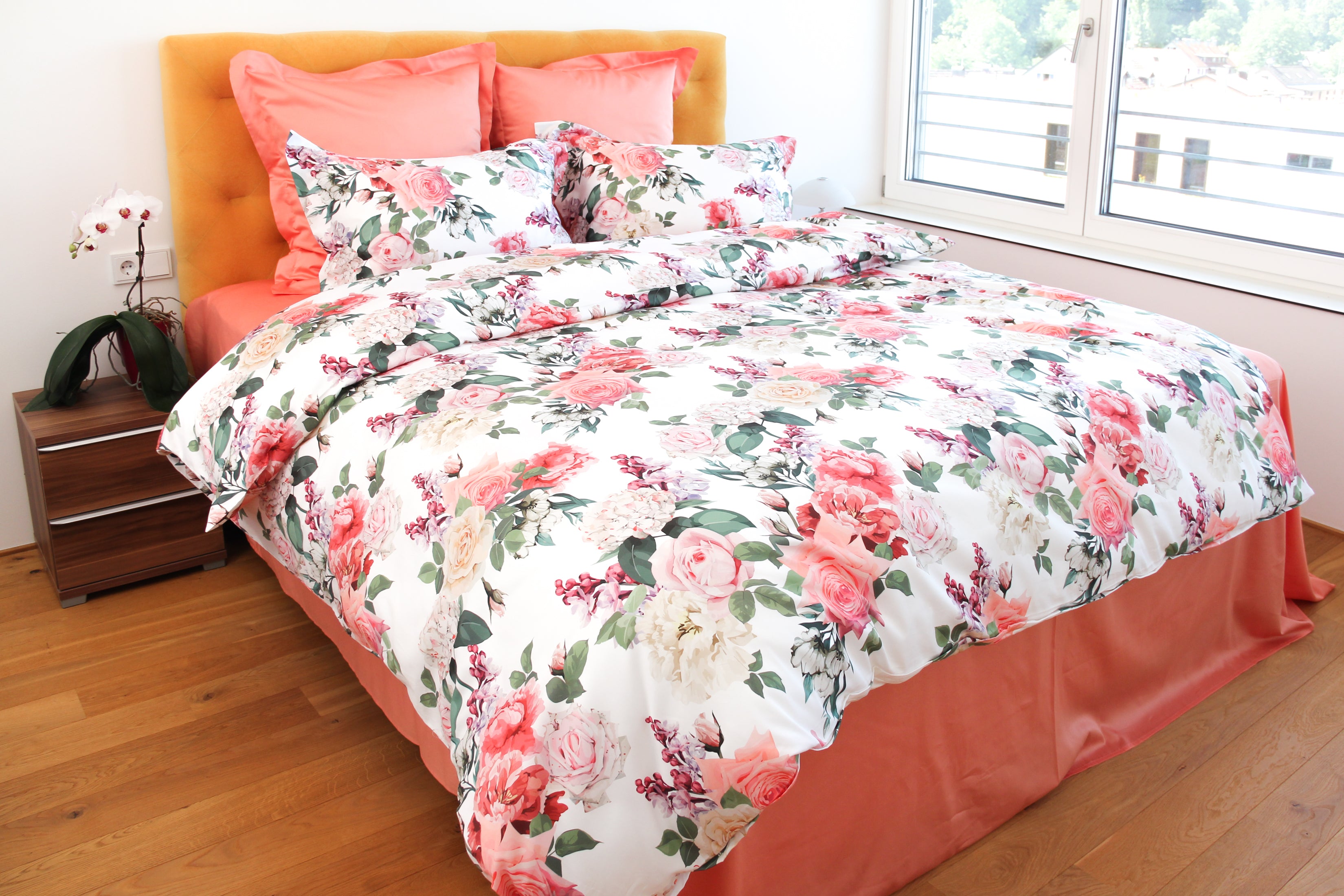 NEW! Bed linen set Lilac & Rose 100% mercerized cotton satin 300 TC easy iron