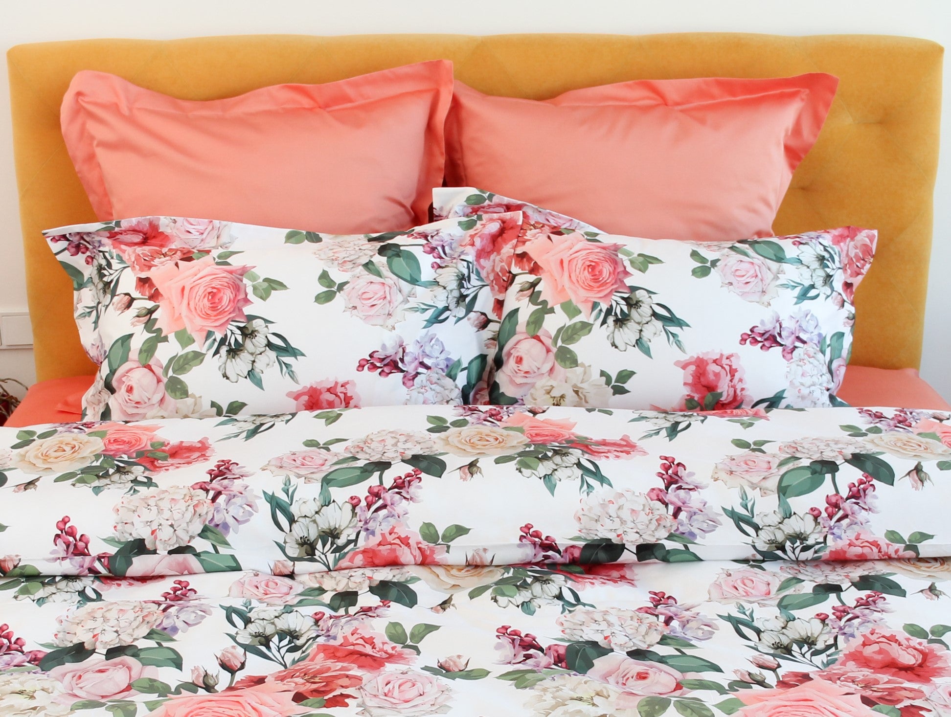 NEW! Bed linen set Lilac & Rose 100% mercerized cotton satin 300 TC easy iron